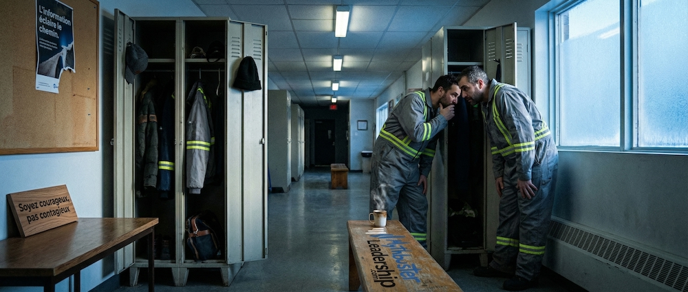 Corridor d'usine manufacturière avec deux travailleurs en conversation secrète, illustrant la naissance des rumeurs au travail