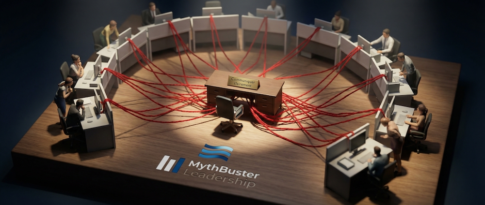 Maquette miniature 3D d'un bureau avec fils rouges représentant la propagation des rumeurs entre les postes de travail