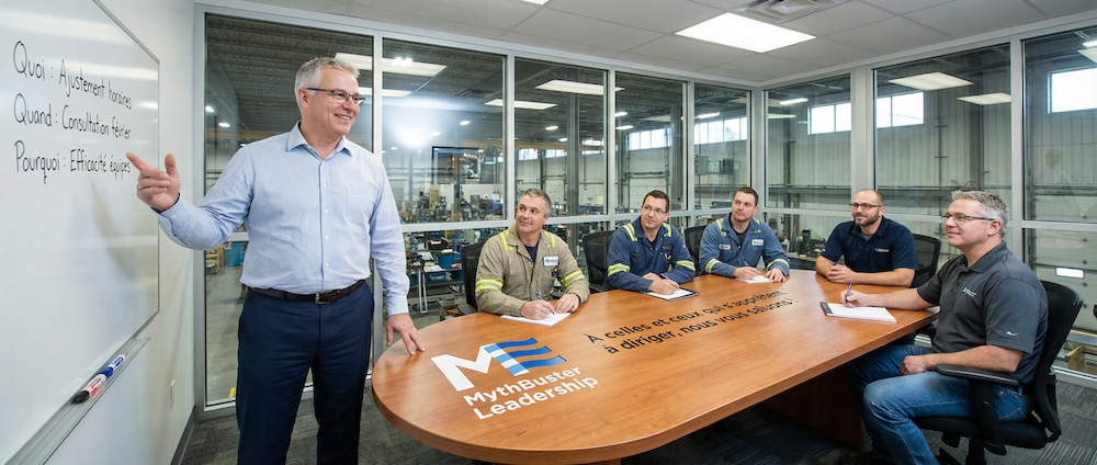 Directeur d'opérations expliquant une situation à son équipe dans une salle de réunion vitrée d'usine manufacturière