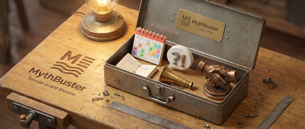 Boîte à outils vintage ouverte contenant des objets symboliques représentant les outils de communication du gestionnaire