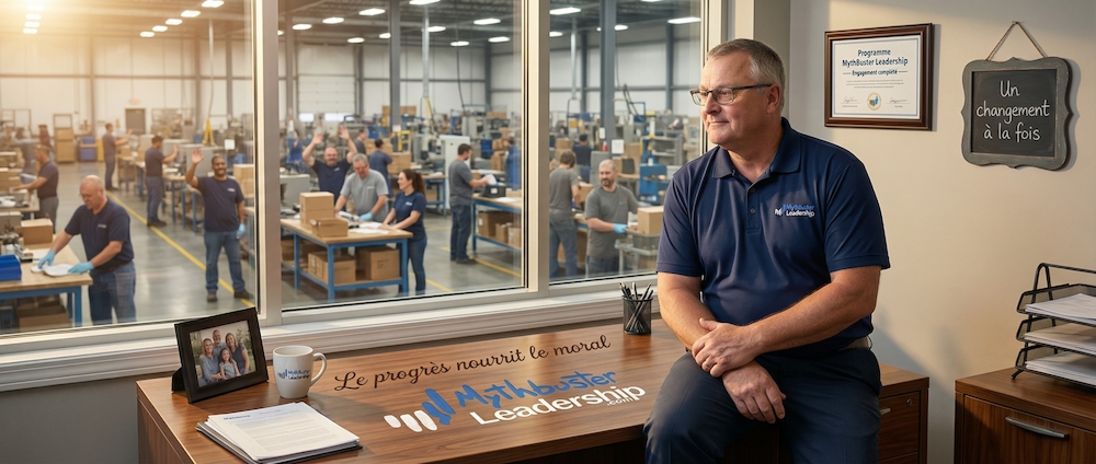 Directeur serein dans son bureau regardant son équipe terminer sa journée de travail dans une ambiance positive à travers la fenêtre vitrée