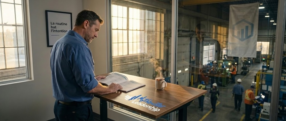 Gestionnaire québécois seul dans son bureau après une conversation de feedback difficile, environnement industriel