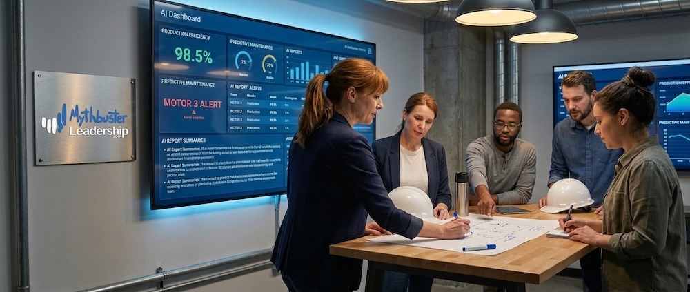 Manager femme devant un dashboard IA géant, tournée vers son équipe en train de planifier un projet sur papier