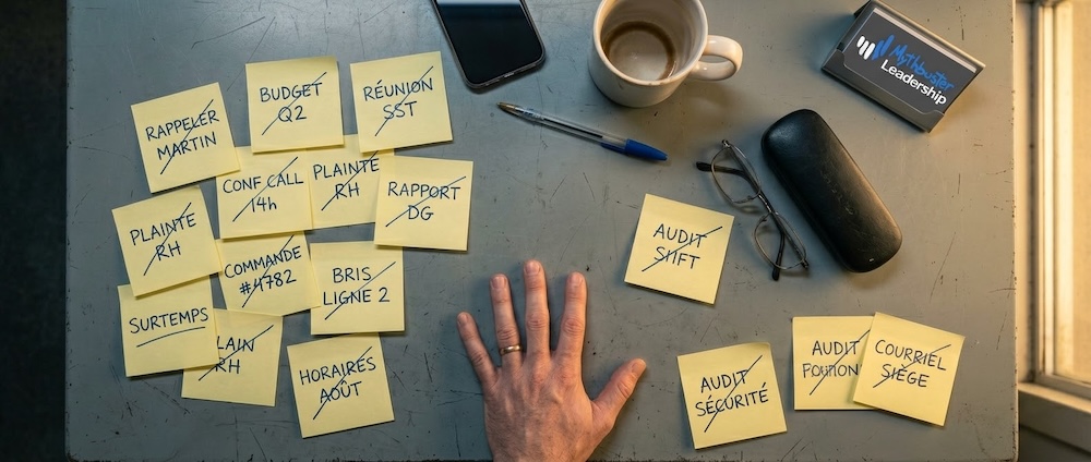 Vue aérienne d'un bureau industriel couvert de quinze post-its jaunes barrés avec trois espaces vides marqués mandat