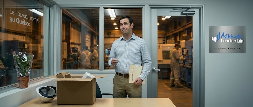 Nouveau gestionnaire dans un bureau industriel vide tenant ses clés et une description de poste