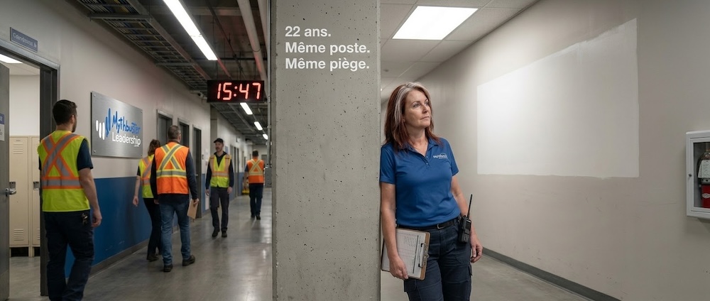 Superviseure d'usine québécoise adossée à une colonne dans un corridor industriel, bras croisés, regard réflectif