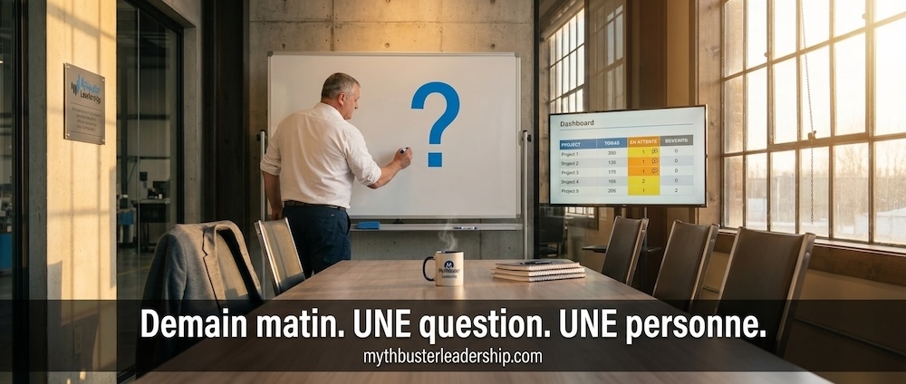 Gestionnaire au tableau blanc le lundi matin, un point d'interrogation écrit en grand 