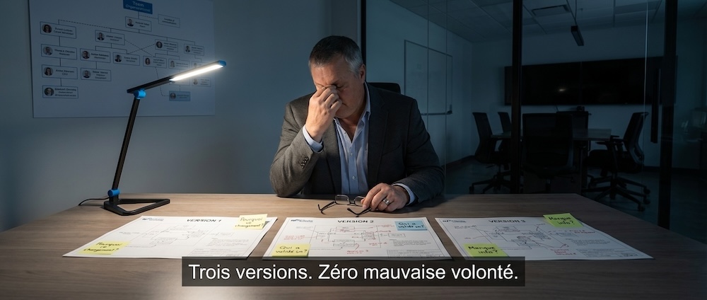 Trois versions du même livrable éclairées sur le bureau d'une gestionnaire